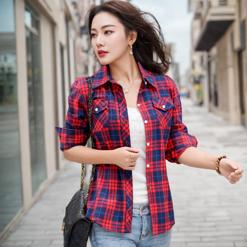长袖纯棉格子衬衫女修身