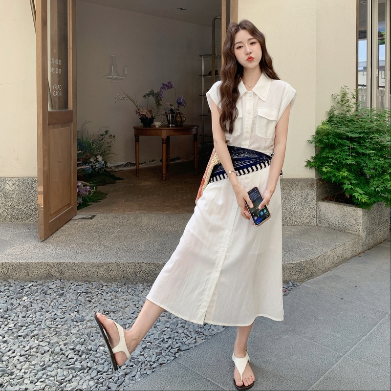 白色丝巾领结衬衫连衣裙女夏2025新款学院风流行超火森系长裙初恋，女装连衣裙，金十上