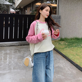 新款现货拼肩印花撞色卫衣235-9960-P75-控118，女装T恤，金十上