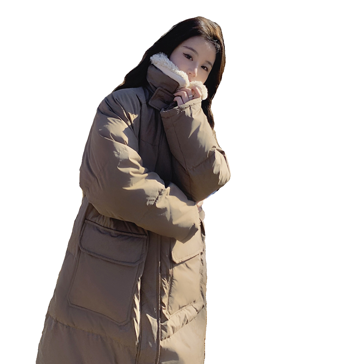 【现货】两色拼接羊羔毛宽松中长款棉服235-8822-P195-控278,女装棉衣/棉服,金十上