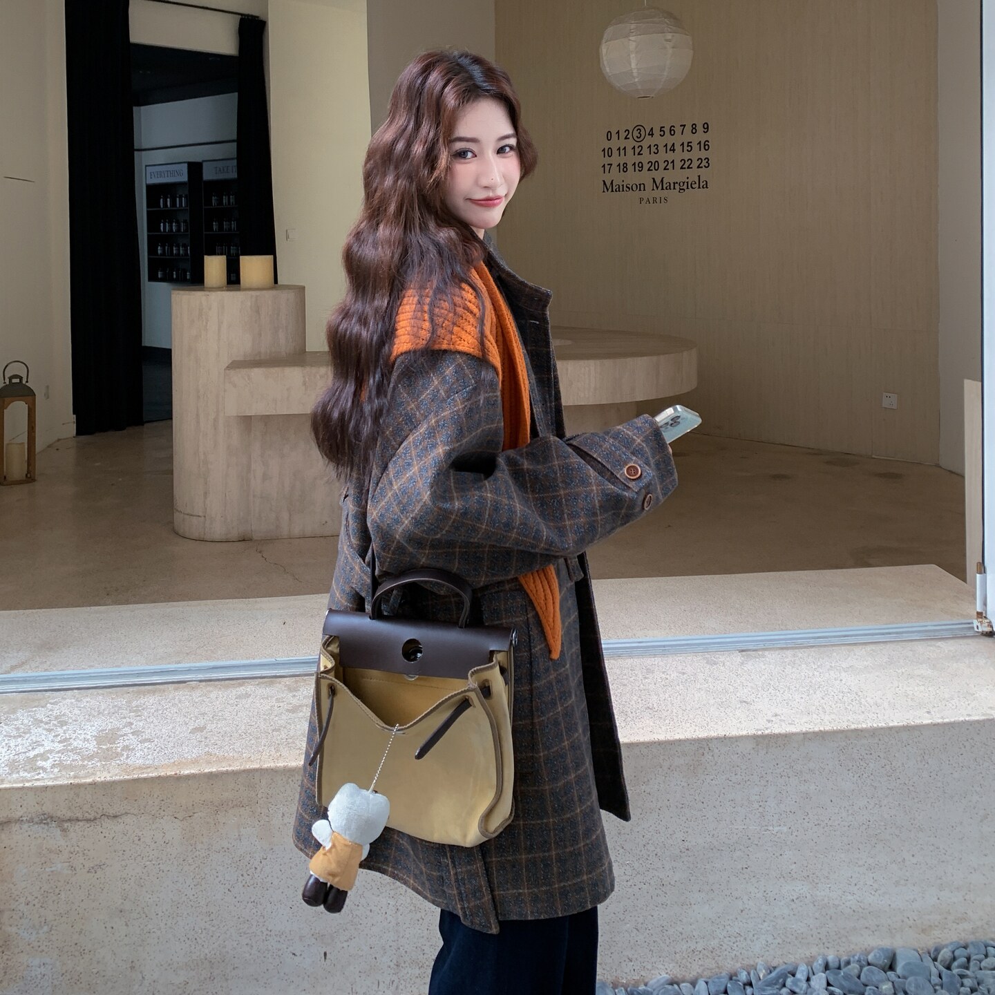 英伦风格子毛呢外套女冬季新款小个子时尚中长款翻领百搭呢子大衣,女装毛呢外套,金十上