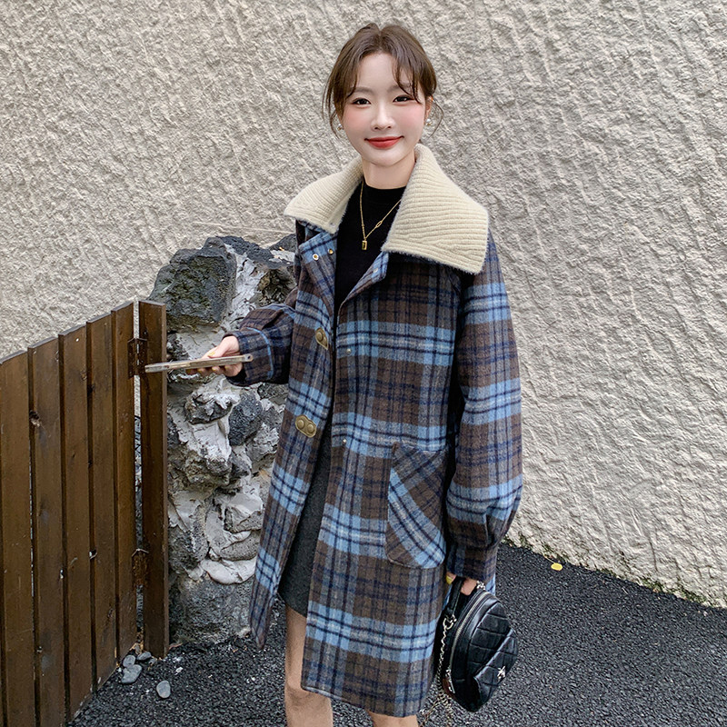 针织翻领格纹毛呢外套女冬新款韩系小个子复古气质宽松呢子大衣,女装毛呢外套,金十上