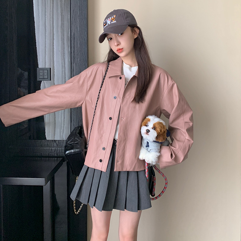 新款现货简约翻领单排扣短外套皮衣235-328-P145-198,女装短外套,金十上