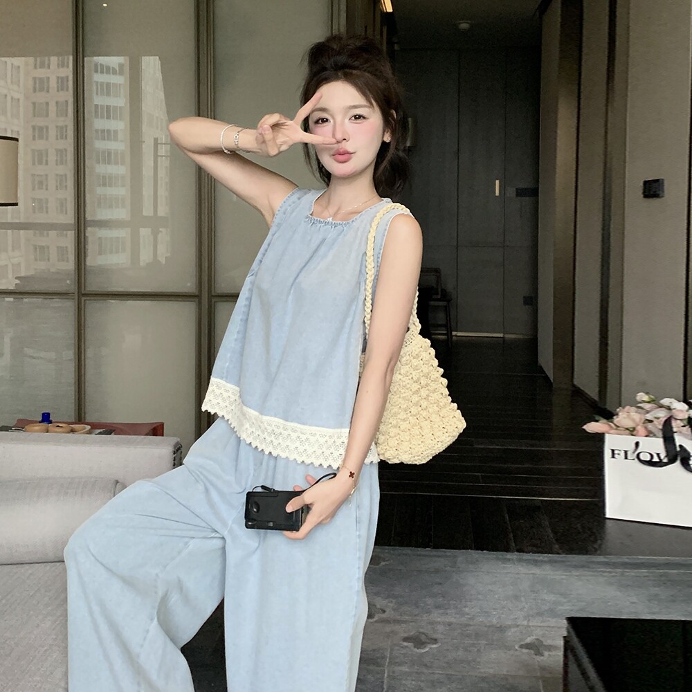 甜美漂亮浅蓝色蕾丝花边背心套装女2025夏季新款洋气阔腿裤两件套,女装套装/套裙,金十上
