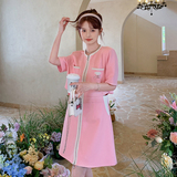 法式甜美粉色小香风连衣裙女夏新款小众小个子镂空露腰洋气a字裙，女装连衣裙，金十上
