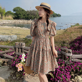 泡泡袖碎花连衣裙女2025夏季新款法式田园风收腰显瘦甜美a字短裙，女装连衣裙，金十上