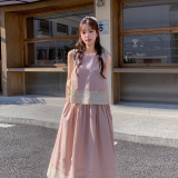 粉色蕾丝拼接无袖半身裙套装女夏2025新款少女风穿搭两件套巨好看，女装套装/套裙，金十上