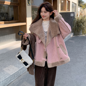 粉色皮毛一体羊羔毛外套女秋冬2024新款机车服流行爆款洋气棉服图片