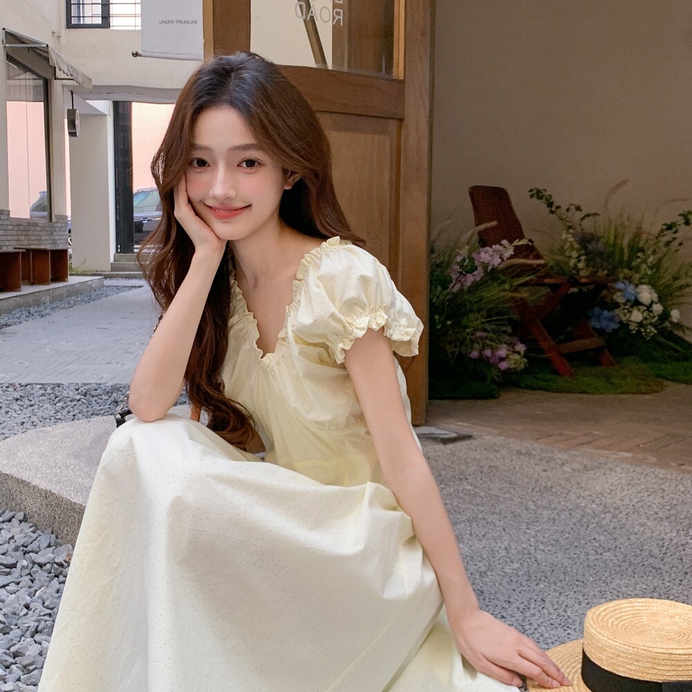 法式前后V领露背连衣裙超长款到脚踝修身收腰显身材森系长裙女夏,女装连衣裙,金十上