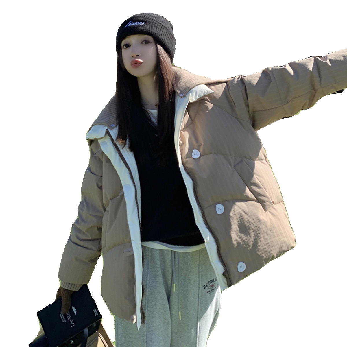 设计感卡其色短款海军领羽绒服女冬2024新款独特超好看90鸭绒外套,女装棉衣/棉服,金十上