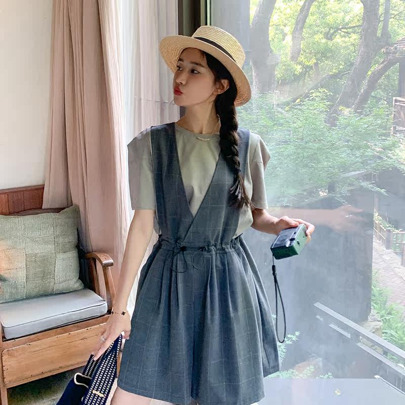 盐系轻熟穿搭格子背带裤女夏薄款2025年新款洋气减龄短裤,女装连体裤,金十上