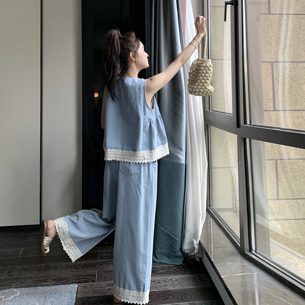 甜美漂亮浅蓝色蕾丝花边背心套装女2025夏季新款洋气阔腿裤两件套,女装套装/套裙,金十上
