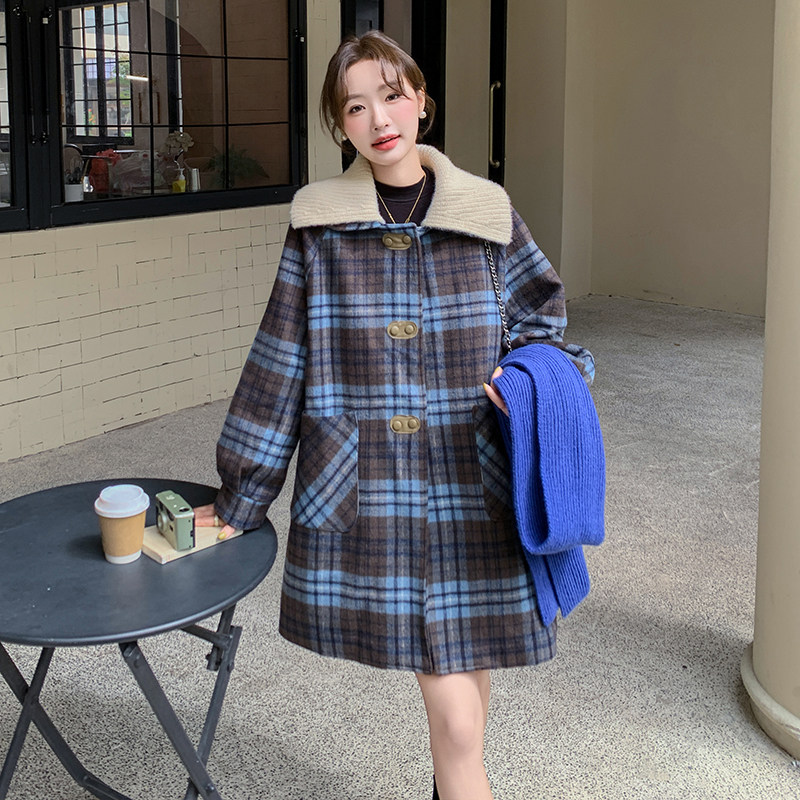针织翻领格纹毛呢外套女冬新款韩系小个子复古气质宽松呢子大衣,女装毛呢外套,金十上