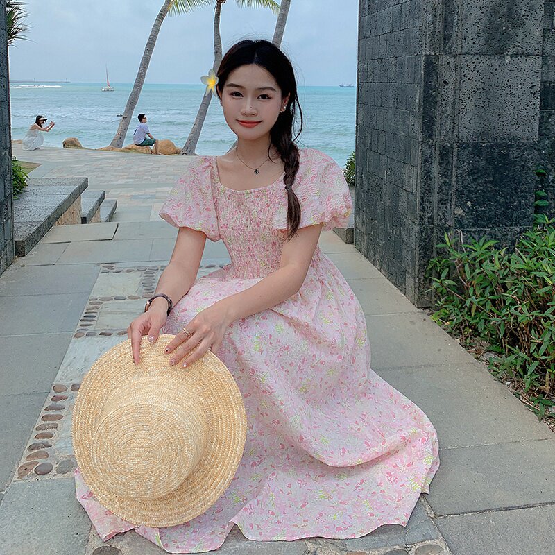 粉色法式泡泡袖碎花连衣裙女2024夏季新款小清新超仙森系显瘦长裙,女装连衣裙,金十上