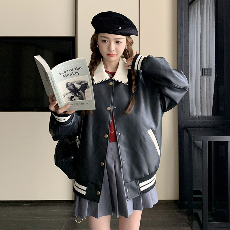 新款现货撞色休闲短外套皮衣235-319-P145-控198,女装皮衣,金十上