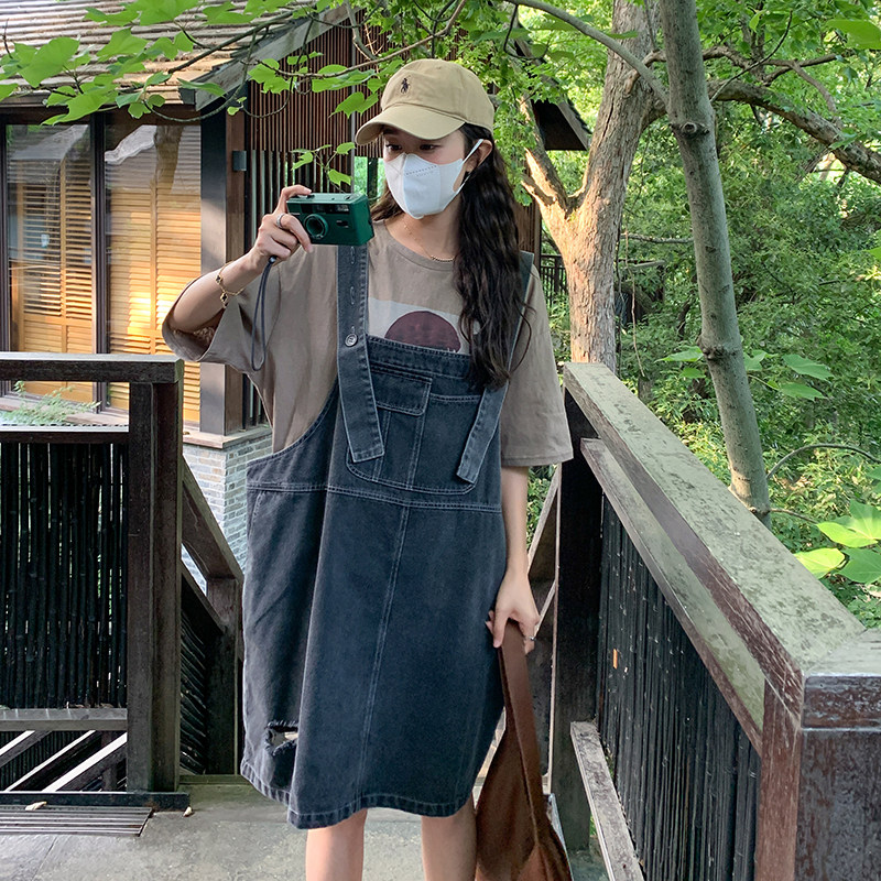 现货破洞牛仔背带连衣裙235-317-P105-控158T恤P75,女装连衣裙,金十上