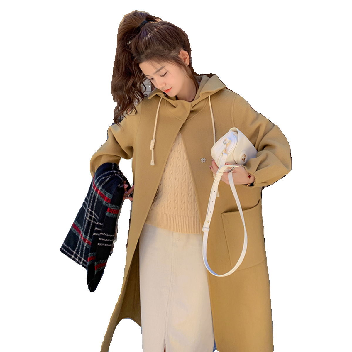 新款现货双面羊绒连帽大衣235-9910-P285-控398,女装毛呢外套,金十上