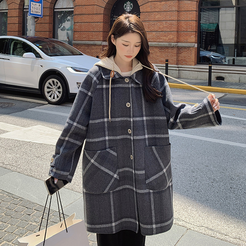 【现货】帽子可拆卸双面格子羊绒大衣235-9913-P285-控398,女装毛呢外套,金十上