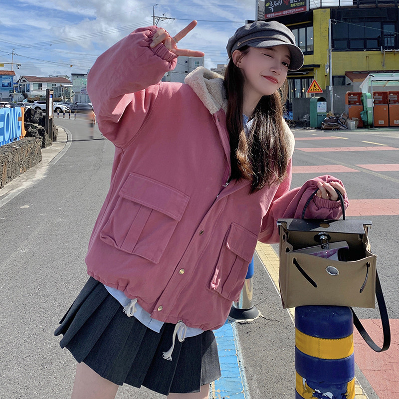 韩版加厚保暖工装派克棉服女2025年冬季新款显瘦连帽粉色加绒棉衣,女装派克服,金十上