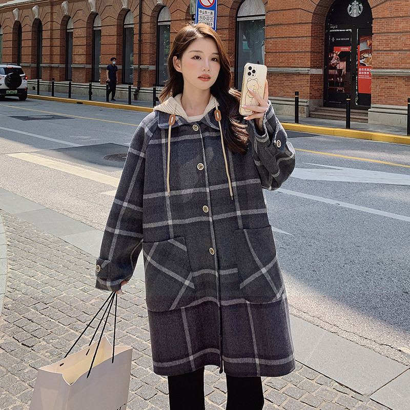 超好看绿格子连帽呢子大衣女秋冬2024新款学院风中长款毛呢厚外套，女装毛呢外套，金十上