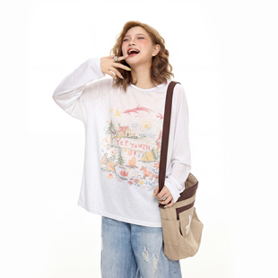 新款 美式 t恤女夏季 长袖 休闲宽松插肩防晒上衣 设计感涂鸦白色罩衫