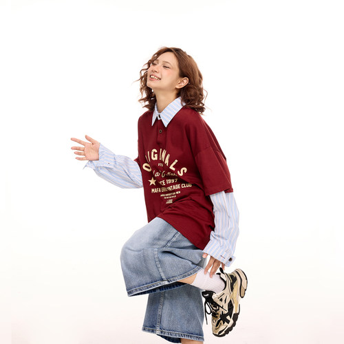 美式复古字母印花衬衫假两件长袖t恤女秋季2025新款休闲宽松上衣
