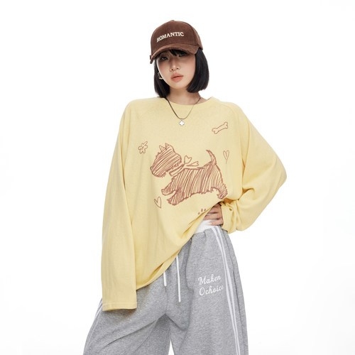 美式复古卡通小狗圆领插肩长袖t恤女秋季设计感慵懒风宽松上衣