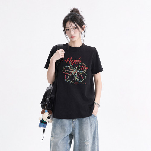 美式花朵印花黑色半高领短袖t恤女夏季休闲显瘦短款正肩上衣半袖