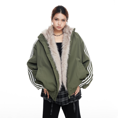 美式复古三条杠座山雕毛领棉服女2025新款冬季oversize加厚外套潮
