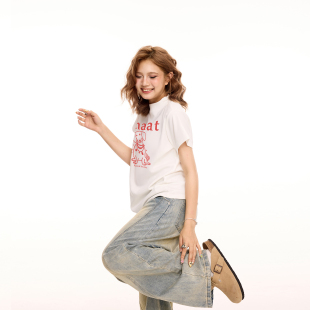 设计感显瘦纯棉正肩上衣潮 t恤女夏季 美式 狗狗印花白色小高领短袖