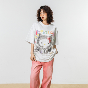 t恤女夏季 2024新款 复古卡通喷绘KT猫短袖 美式 设计感宽松纯棉上衣
