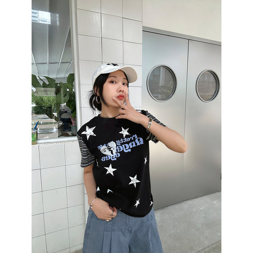 黑色星星印花T恤女夏季短袖条纹拼接设计感小众宽松显瘦半袖上衣