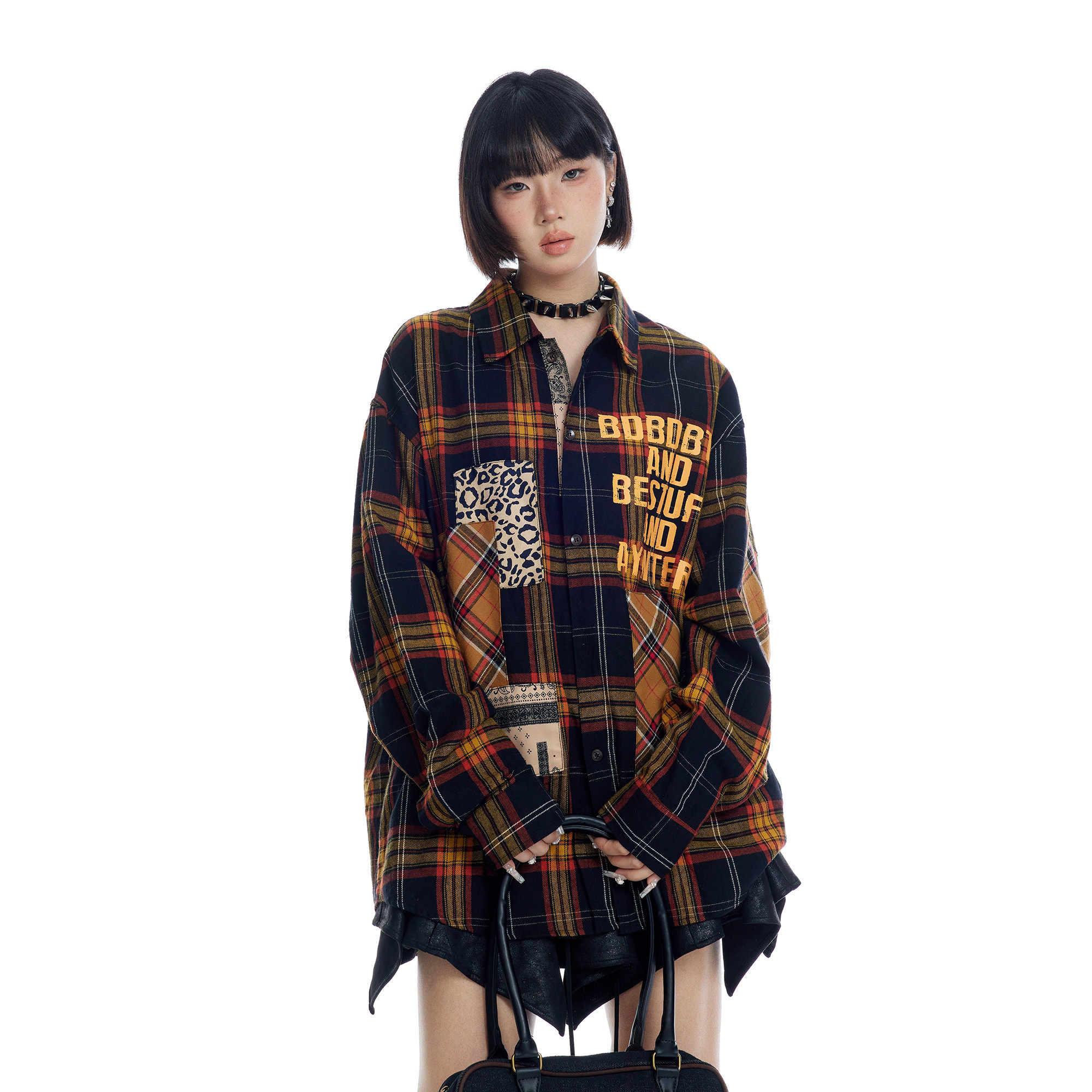 美式复古设计感拼接格子衬衫女图片