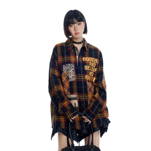 美式复古设计感拼接格子衬衫女