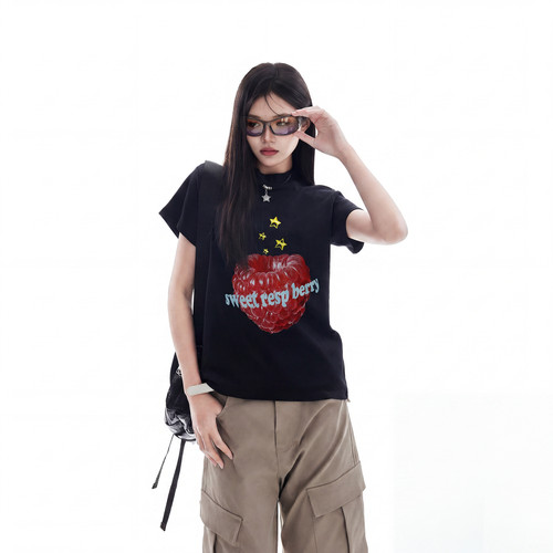 美式水果印花黑色正肩短袖t恤女夏季新款休闲圆领显瘦半袖上衣潮