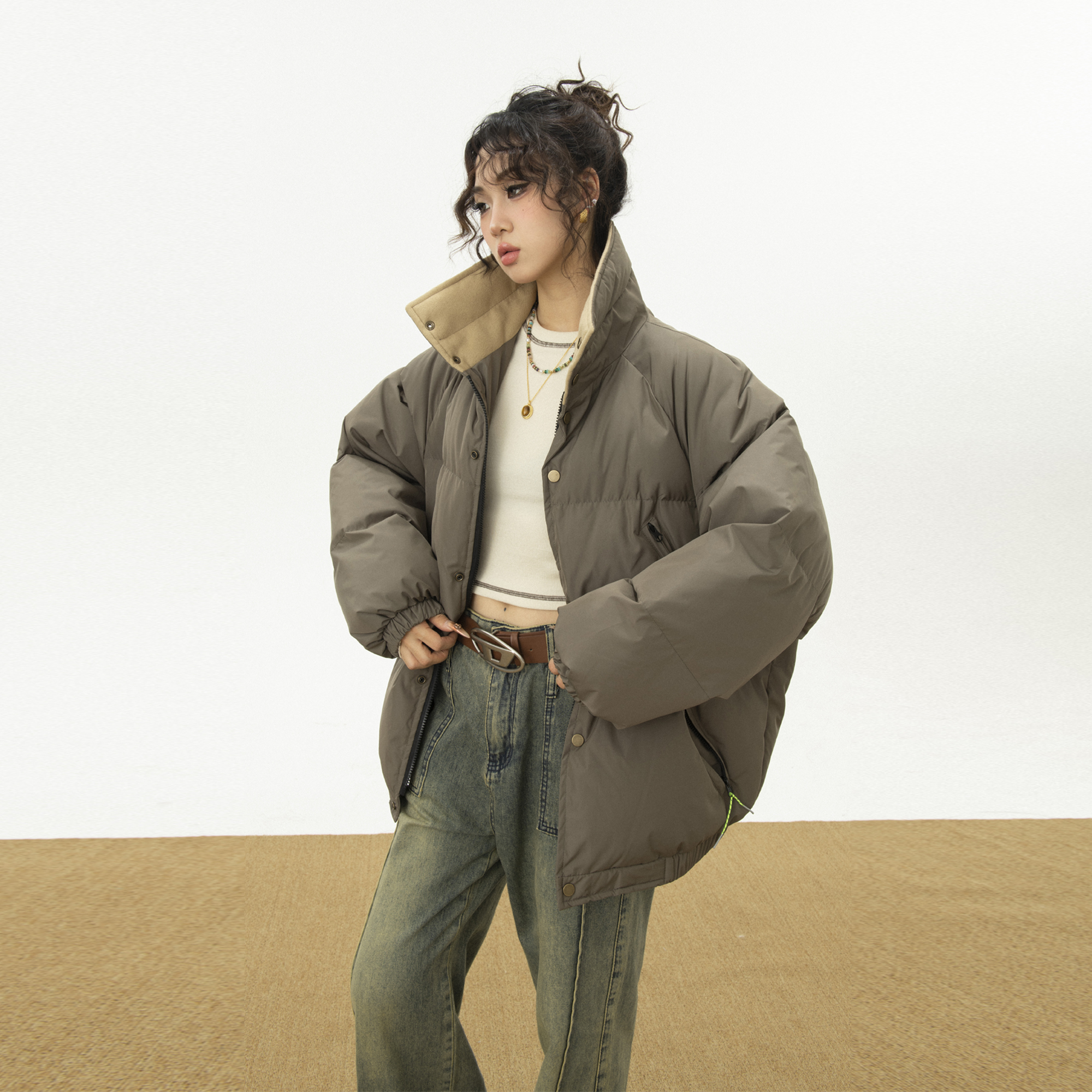 复古撞色翻领美式棉服女冬季保暖