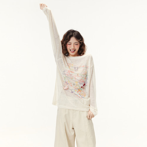 复古夏季薄款印花长袖t恤女2026新款微透防晒罩衫宽松慵懒风上衣