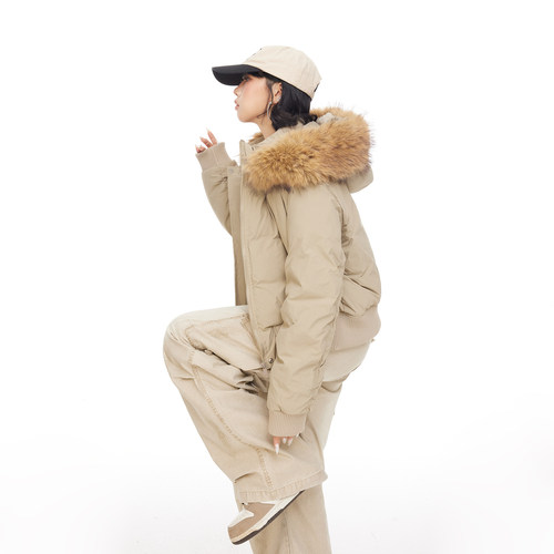 美式复古短款连帽毛领棉服女冬季2025新款设计感显瘦棉衣拉链外套