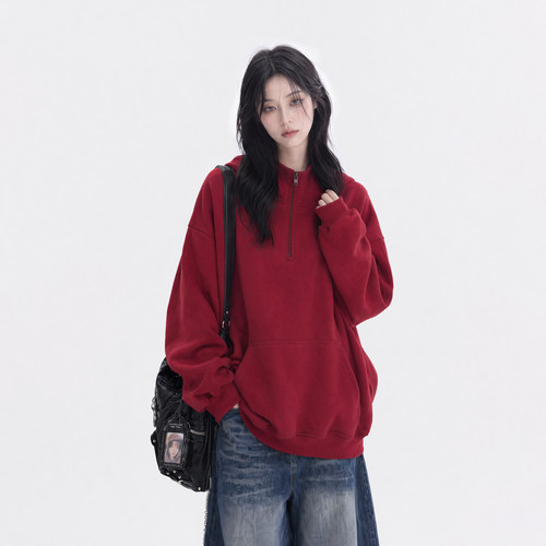 美式复古半拉链连帽卫衣女2026新款早秋慵懒风宽松休闲帽衫外套潮