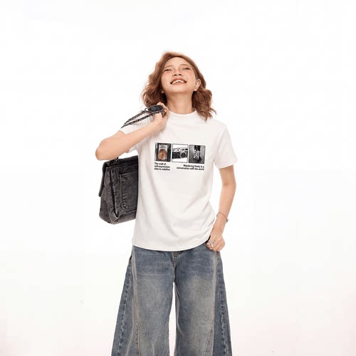 美式印花白色正肩短袖t恤女2026新款夏季显瘦短款小高领半袖上衣