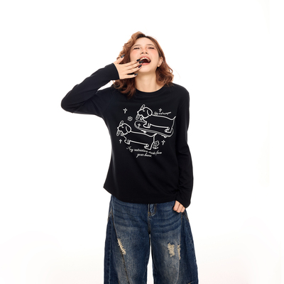 美式复古狗狗印花正肩长袖t恤女秋季新款设计感修身显瘦短款上衣