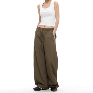 裤 子女2025宽松流行工装 运动裤 伞裤 潮 美式 休闲裤 复古直筒军绿色裤