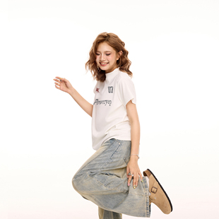 街头显瘦纯棉短款 t恤女夏季 小高领上衣 字母印花白色正肩短袖 美式