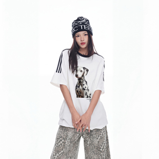 美式复古三条杠斑点狗短袖t恤女夏季新款慵懒风宽松休闲半袖上衣