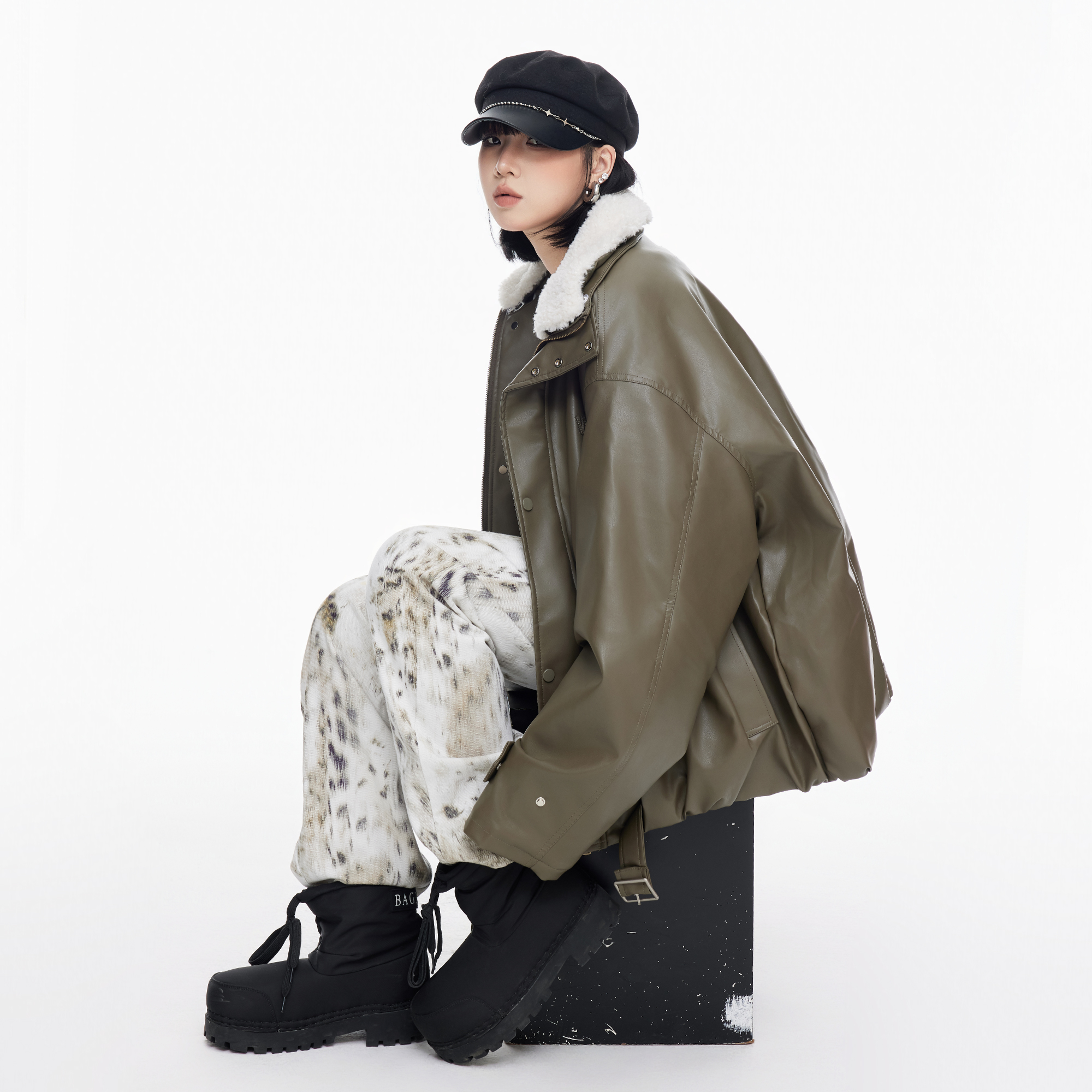 美式复古字母pu皮立领机车棉服女款2025新款冬季夹棉外套宽松棉衣