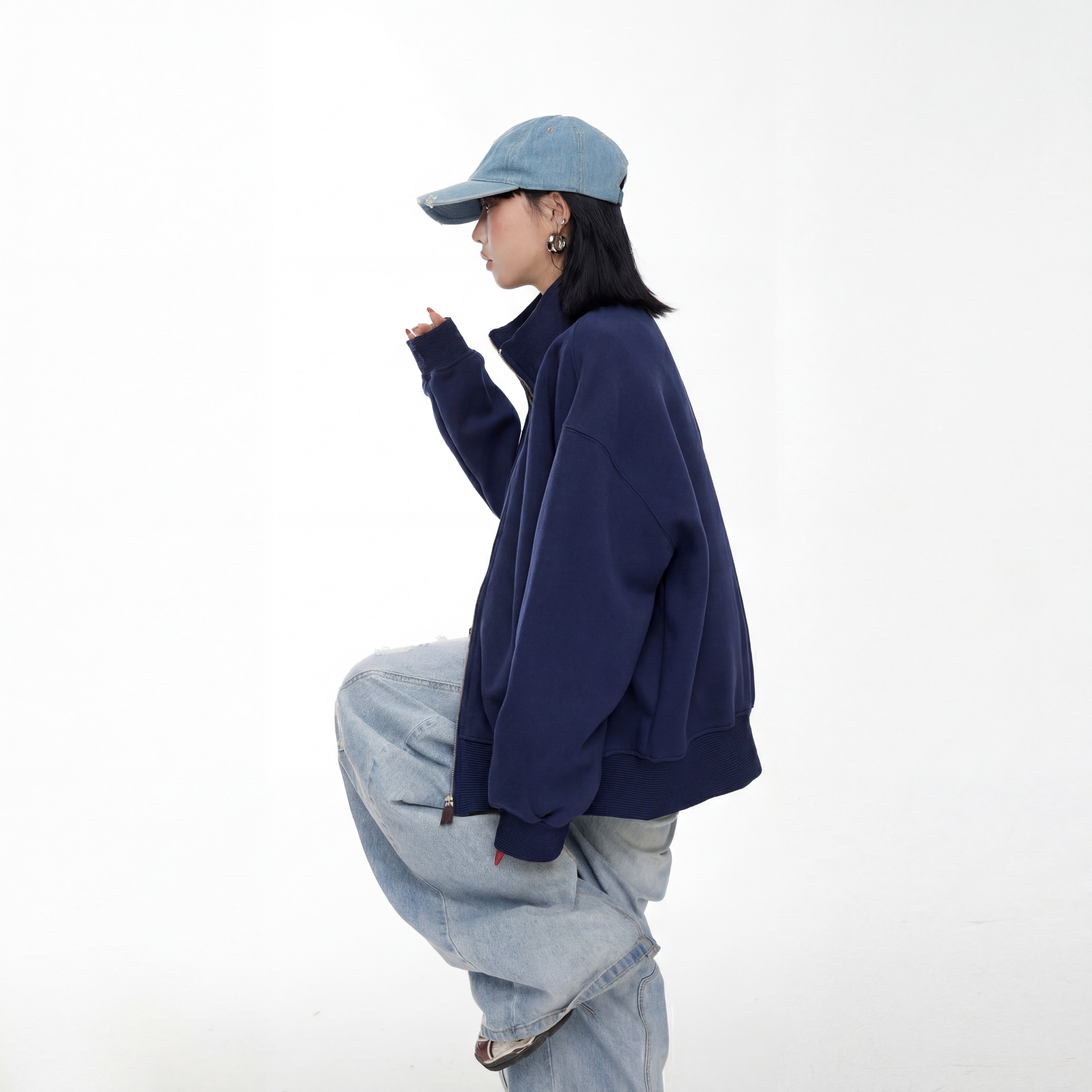 美式复古藏青色立领拉链开衫外套女春季新款街头宽松休闲卫衣上衣