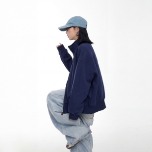 新款 外套女春季 街头宽松休闲卫衣上衣 复古藏青色立领拉链开衫 美式