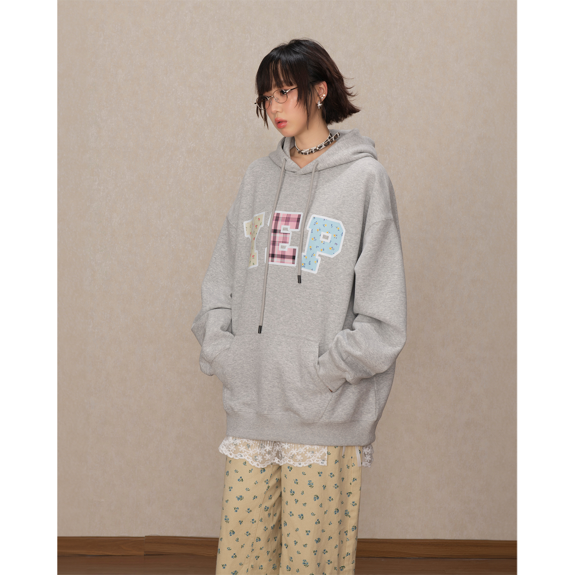 美式格子字母印花连帽卫衣女春秋季2024新款街头宽松慵懒风外套潮