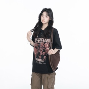 潮牌宽松情侣半袖 t恤女夏季 上衣ins 复古字母玫瑰喷绘黑色短袖 美式