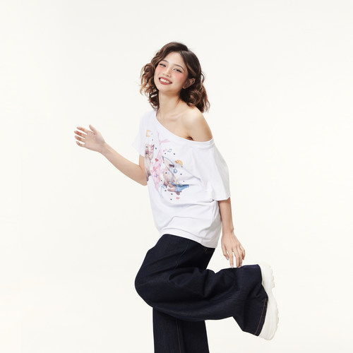 韩系甜辣印花短袖t恤女夏季新款设计感斜肩上衣宽松辣妹风半袖潮